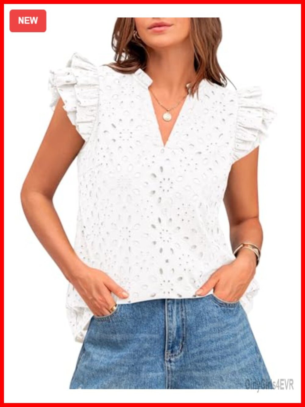 Womens Eyelet Embroidered Top V Neck Ruffle Sleeve Dressy Casual Blouse